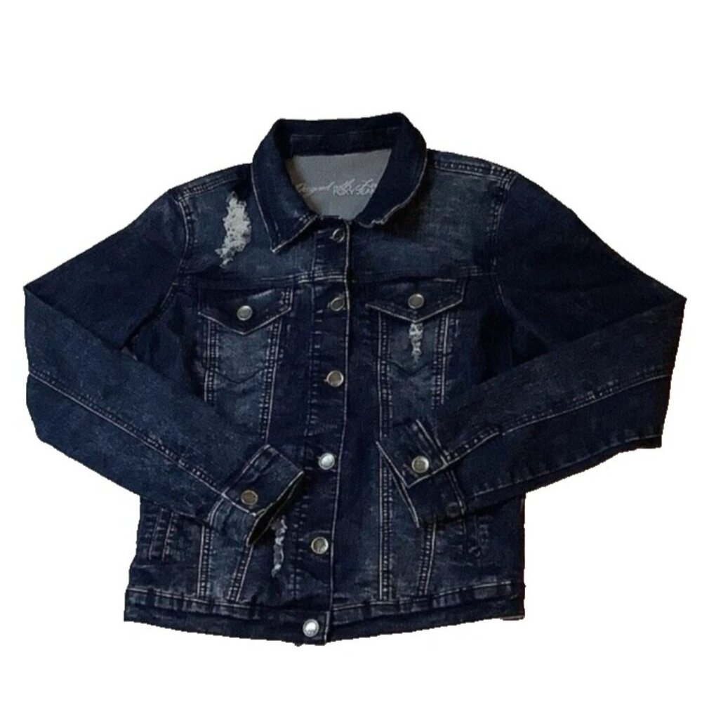 Foxy Jeans Stretch Blue Denim Jacket Womens Size M Distressed